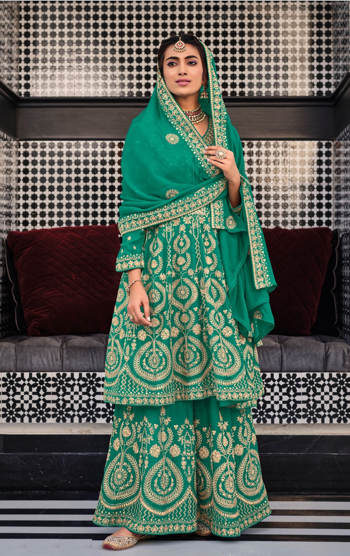 Sea Blue Color Georgette With HeavyEmbroidery Work Straghit Sharara Suit - Joshindia