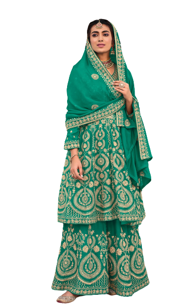 Sea Blue Color Georgette With HeavyEmbroidery Work Straghit Sharara Suit