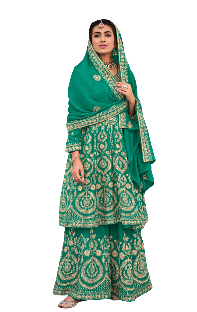 Sea Blue Color Georgette With HeavyEmbroidery Work Straghit Sharara Suit - Joshindia