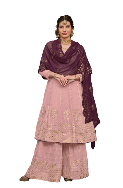 Peach Color Georgette With HeavyEmbroidery Work Straghit Sharara Suit