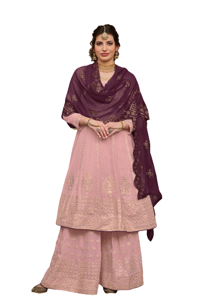 Peach Color Georgette With HeavyEmbroidery Work Straghit Sharara Suit - Joshindia