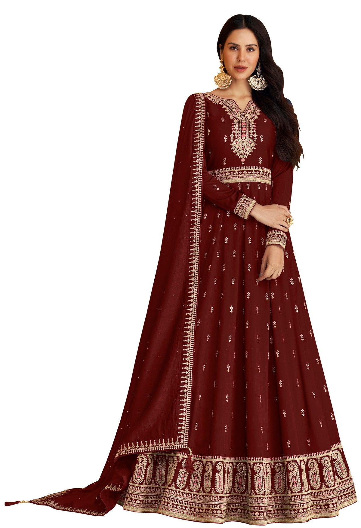Maroon color Faux Georgette With Embroidery Work Long Anarkali Salwar Suit - Joshindia