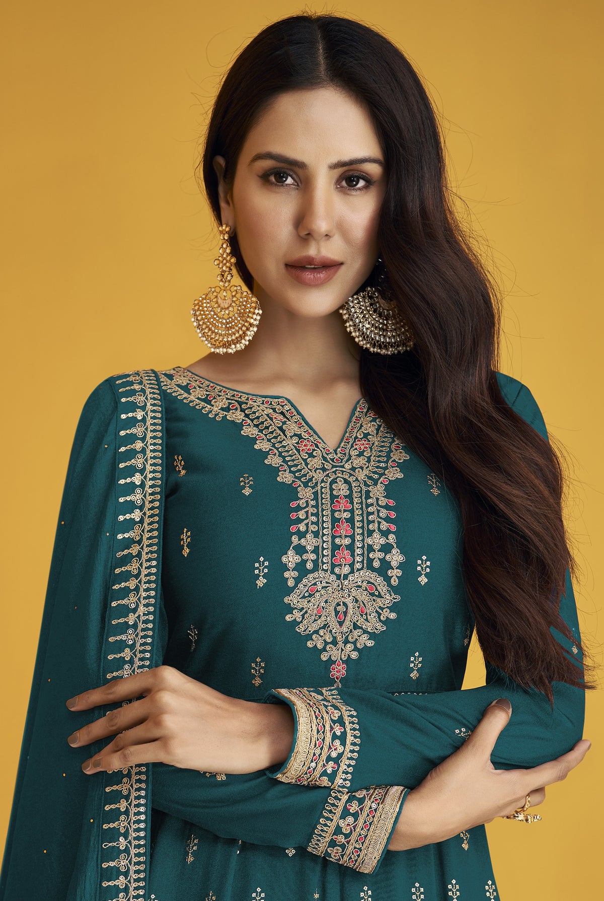 Sea Blue color Faux Georgette With Embroidery Work Long Anarkali Salwar Suit - Joshindia