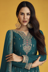 Sea Blue color Faux Georgette With Embroidery Work Long Anarkali Salwar Suit - Joshindia