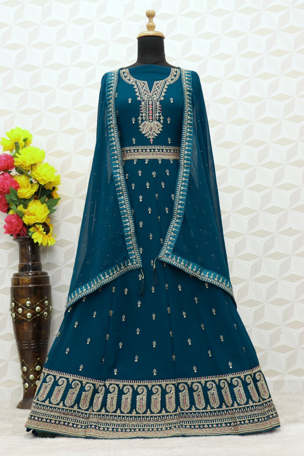 Sea Blue color Faux Georgette With Embroidery Work Long Anarkali Salwar Suit
