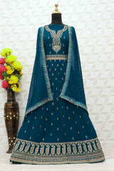 Sea Blue color Faux Georgette With Embroidery Work Long Anarkali Salwar Suit - Joshindia