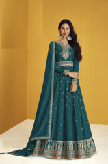 Sea Blue color Faux Georgette With Embroidery Work Long Anarkali Salwar Suit - Joshindia