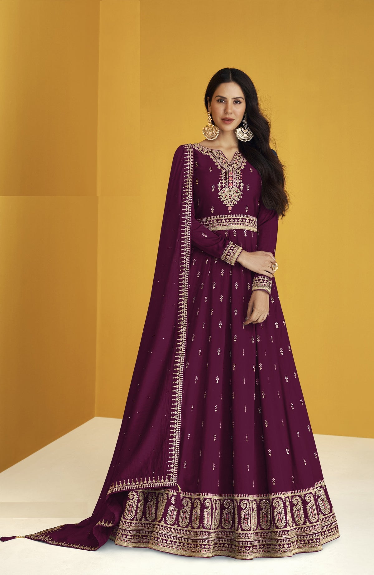 Purple color Faux Georgette With Embroidery Work Long Anarkali Salwar Suit - Joshindia