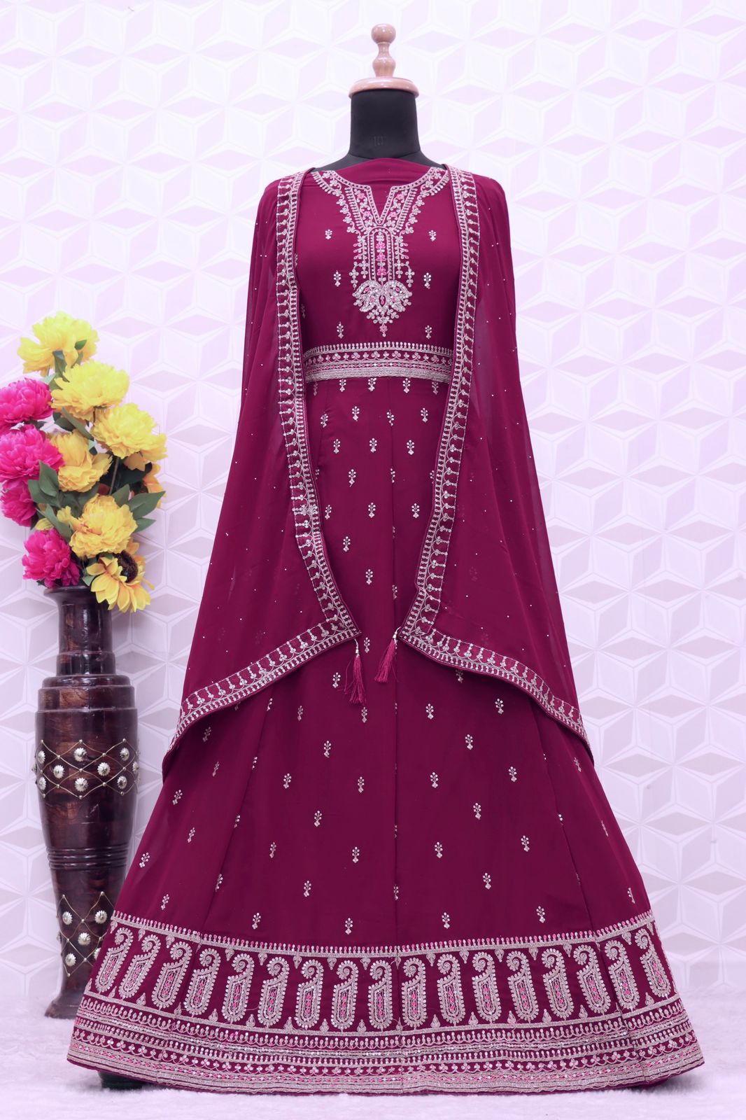 Purple color Faux Georgette With Embroidery Work Long Anarkali Salwar Suit - Joshindia