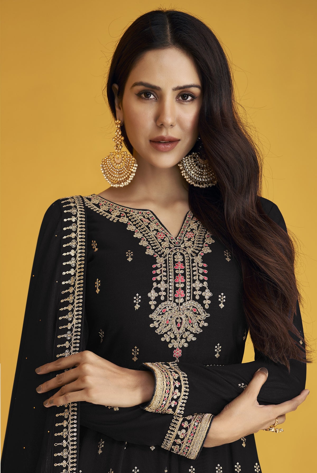 Black color Faux Georgette With Embroidery Work Long Anarkali Salwar Suit - Joshindia