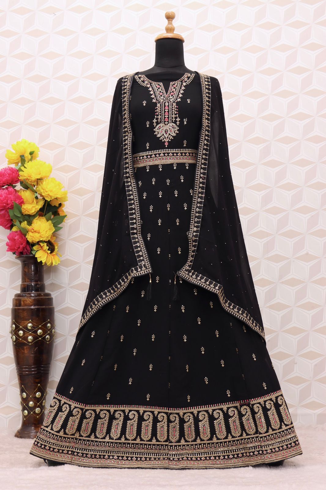 Black color Faux Georgette With Embroidery Work Long Anarkali Salwar Suit - Joshindia
