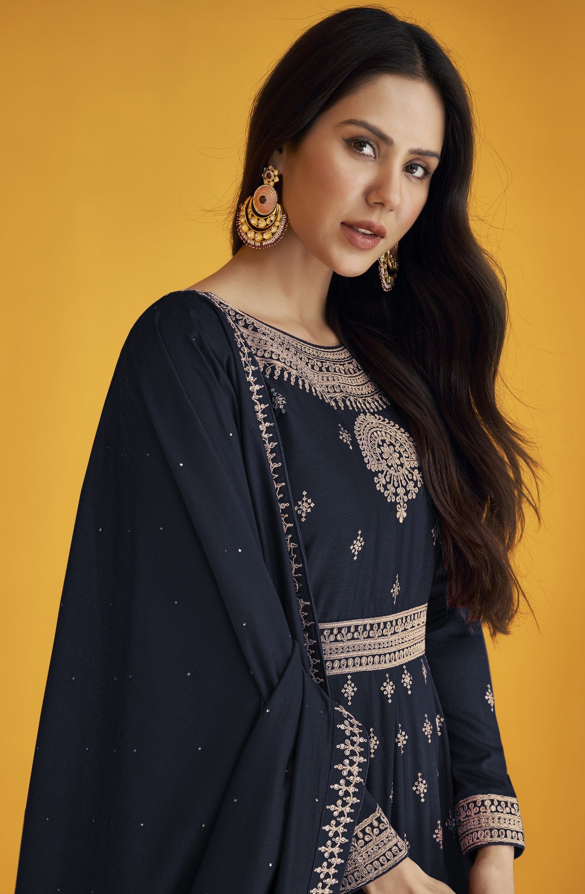 Blue Color Faux Georgette With Embroidery Work Gown Anarkali Suit - Joshindia