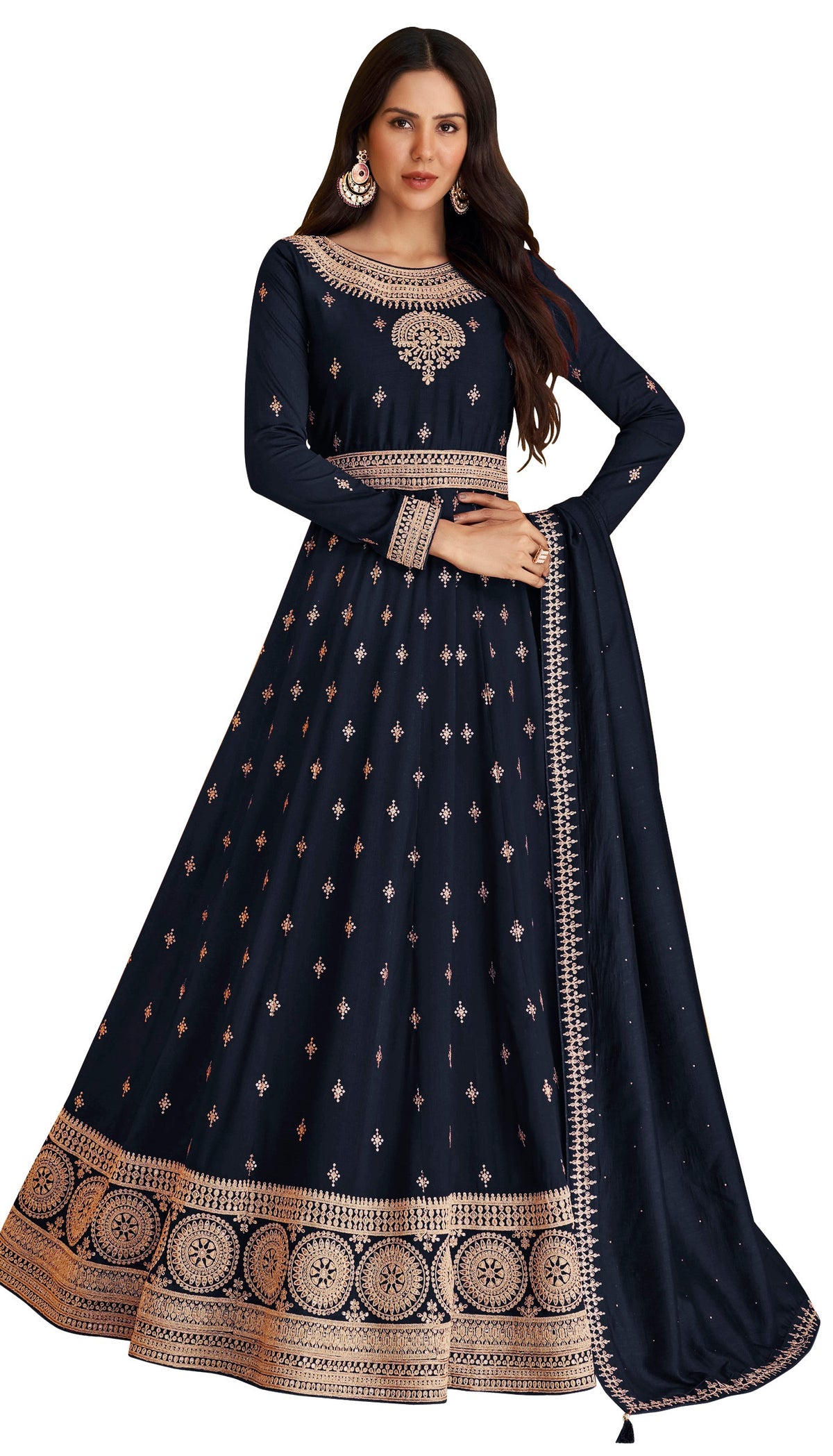 Blue Color Faux Georgette With Embroidery Work Gown Anarkali Suit - Joshindia