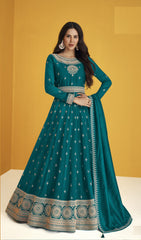 Sea Blue Color Faux Georgette With Embroidery Work Gown Anarkali Suit - Joshindia