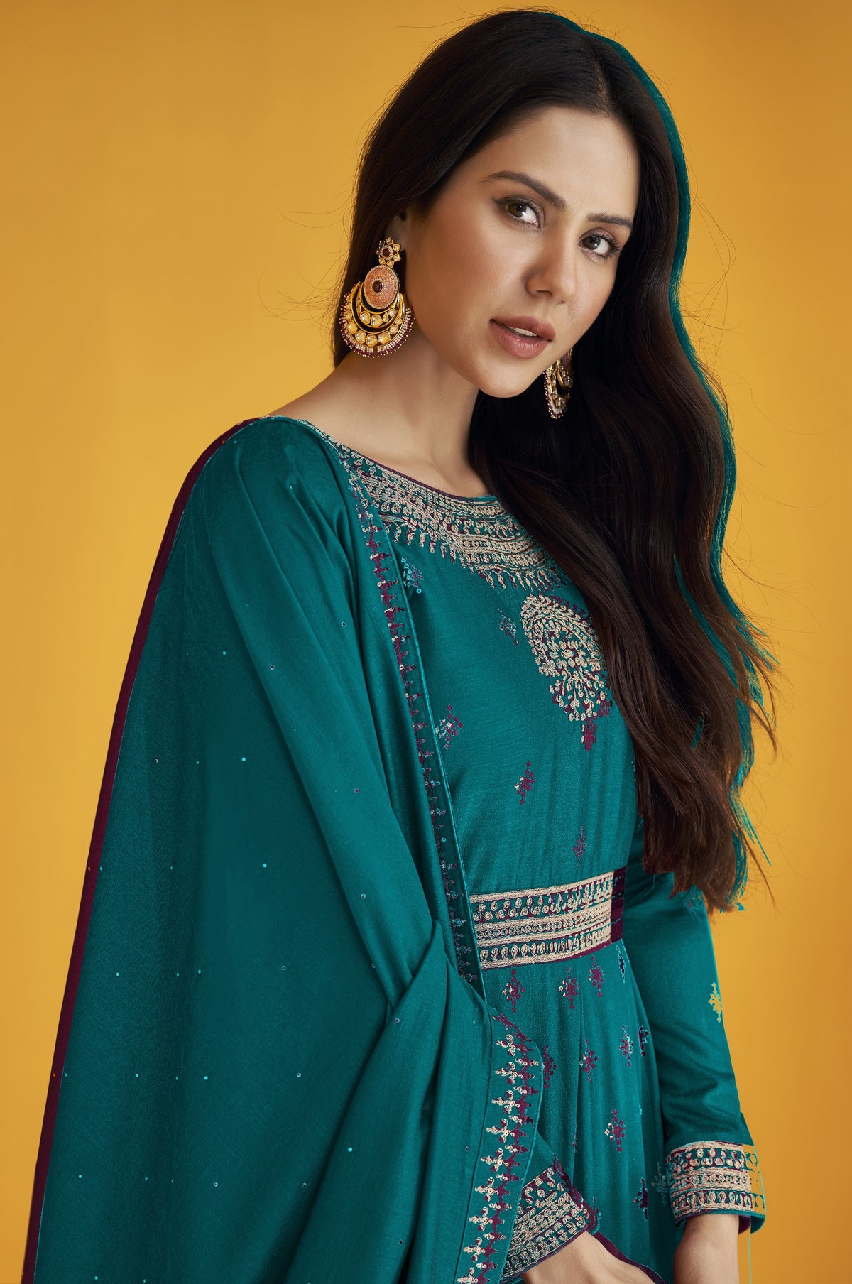 Sea Blue Color Faux Georgette With Embroidery Work Gown Anarkali Suit - Joshindia