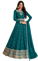 Sea Blue Color Faux Georgette With Embroidery Work Gown Anarkali Suit - Joshindia