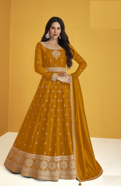 Yellow Color Faux Georgette With Embroidery Work Gown Anarkali Suit