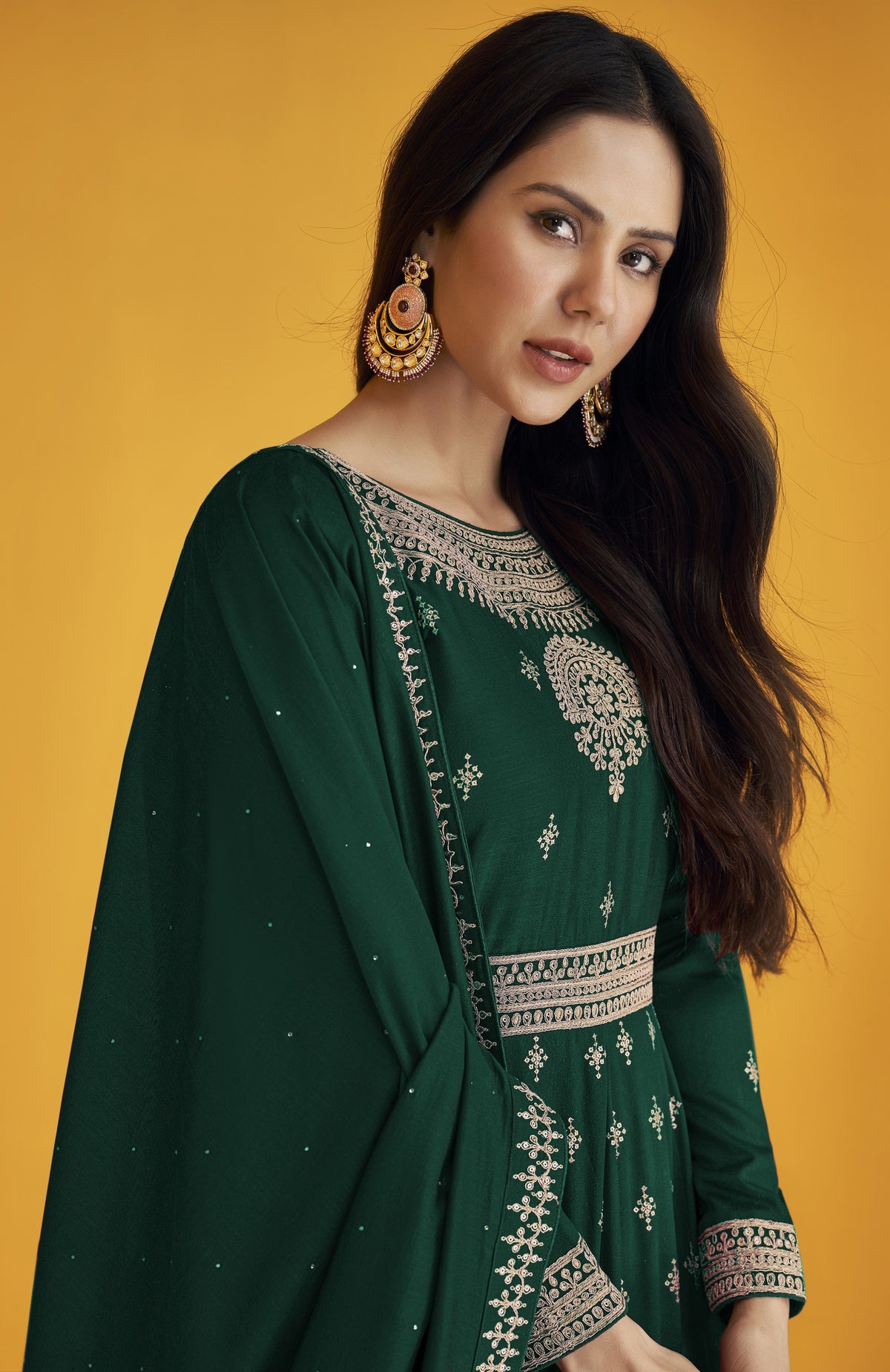 Green Color Faux Georgette With Embroidery Work Gown Anarkali Suit - Joshindia