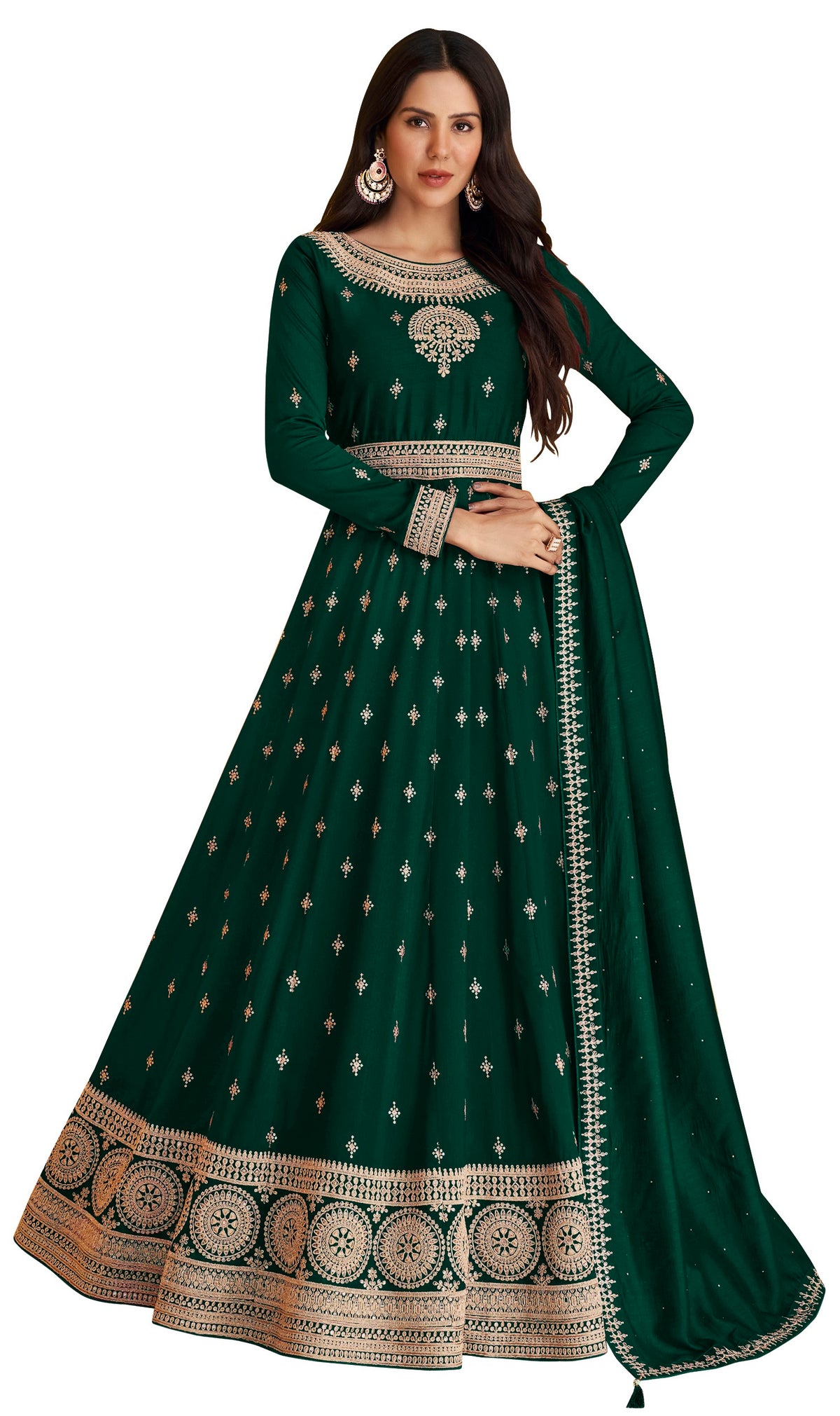 Green Color Faux Georgette With Embroidery Work Gown Anarkali Suit - Joshindia