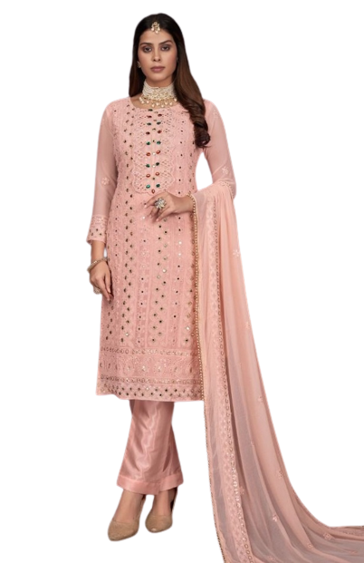 Peach color Faux Gerogette With Embroidery Work Staright Salwar Suit