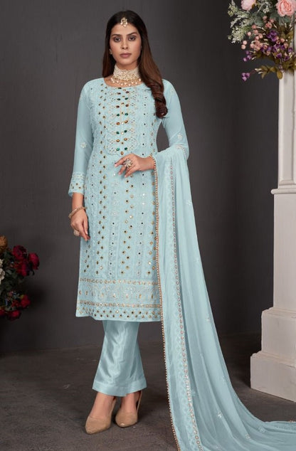 Blue color Faux Gerogette With Embroidery Work Staright Salwar Suit