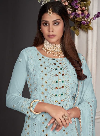 Blue color Faux Gerogette With Embroidery Work Staright Salwar Suit