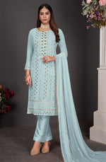 Blue color Faux Gerogette With Embroidery Work Staright Salwar Suit - Joshindia