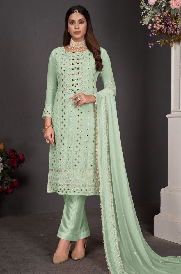 Pisat color Faux Gerogette With Embroidery Work Staright Salwar Suit - Joshindia