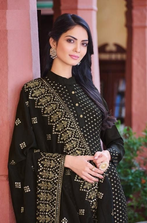 Black color Woman's Faux Georgette Heavy Embroidery Work Semi Stitch Salwar Suit - Joshindia