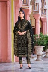 Black color Woman's Faux Georgette Heavy Embroidery Work Semi Stitch Salwar Suit - Joshindia