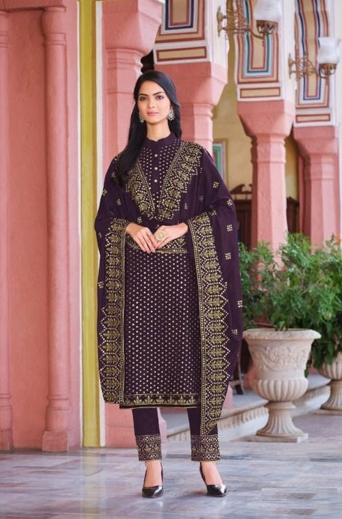 Purple color Woman's Faux Georgette Heavy Embroidery Work Semi Stitch Salwar Suit - Joshindia
