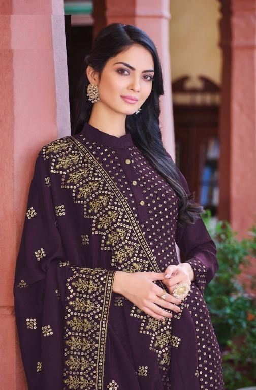Purple color Woman's Faux Georgette Heavy Embroidery Work Semi Stitch Salwar Suit - Joshindia