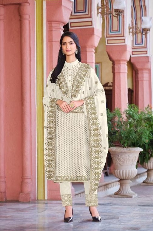 White color   Woman's Faux Georgette Heavy Embroidery Work Semi Stitch Salwar Suit
