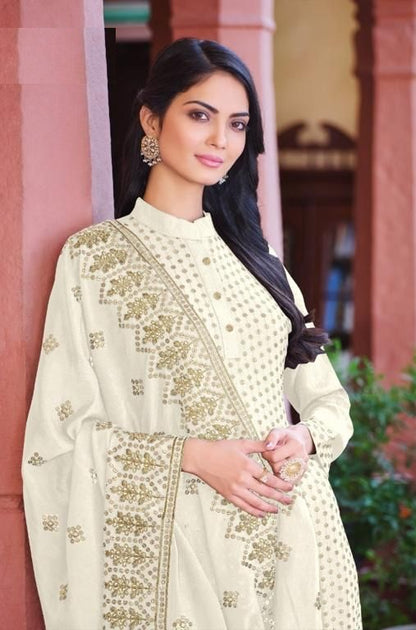 White color   Woman's Faux Georgette Heavy Embroidery Work Semi Stitch Salwar Suit