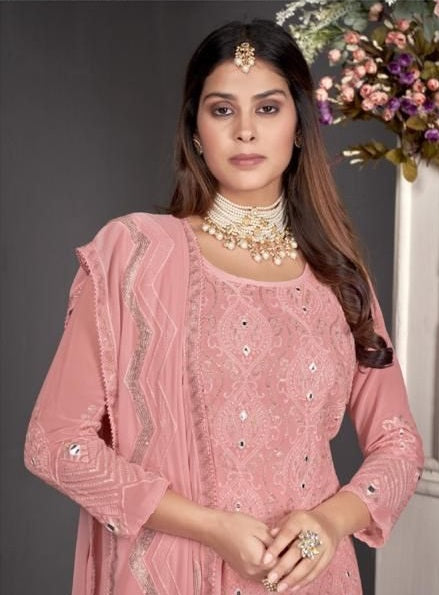 Pink Color Faux Georgette Straight Salwar Suit