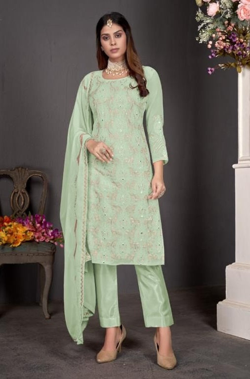 Light Green Color Faux Georgette Straight Salwar Suit