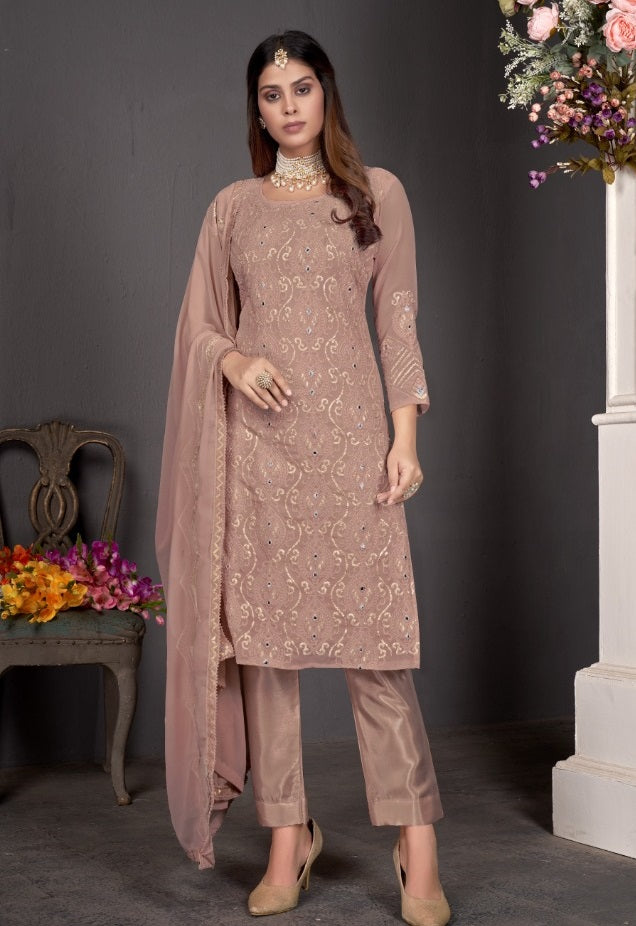 Beige Color Faux Georgette Straight Salwar Suit - Joshindia