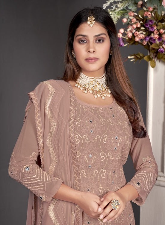 Beige Color Faux Georgette Straight Salwar Suit - Joshindia