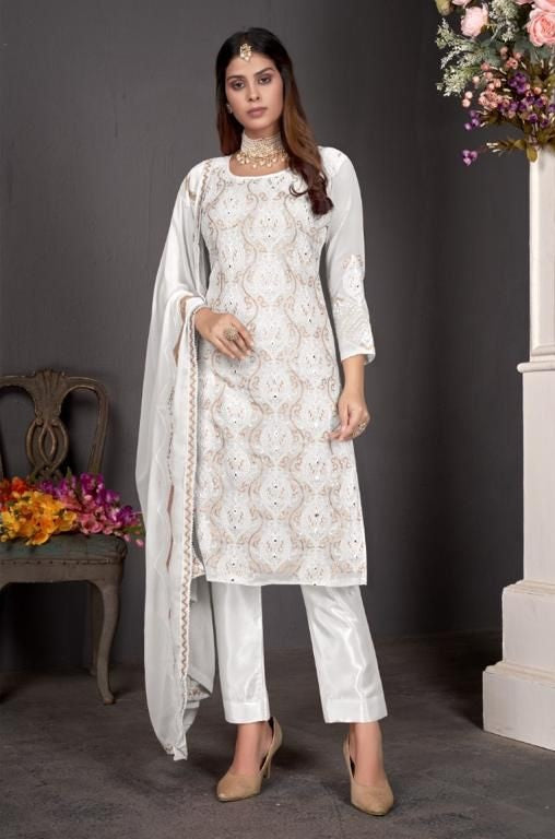 White Color Faux Georgette Straight Salwar Suit - Joshindia