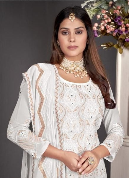 White Color Faux Georgette Straight Salwar Suit - Joshindia