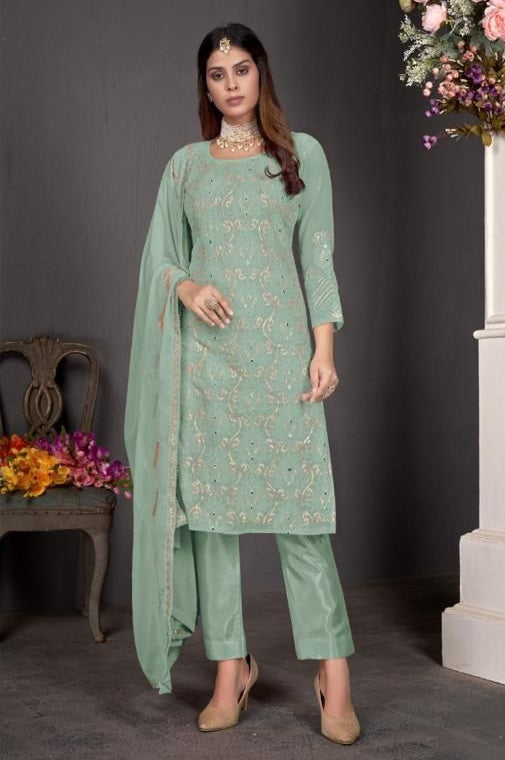 Green Color Faux Georgette Straight Salwar Suit