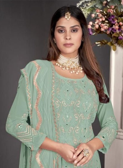 Green Color Faux Georgette Straight Salwar Suit