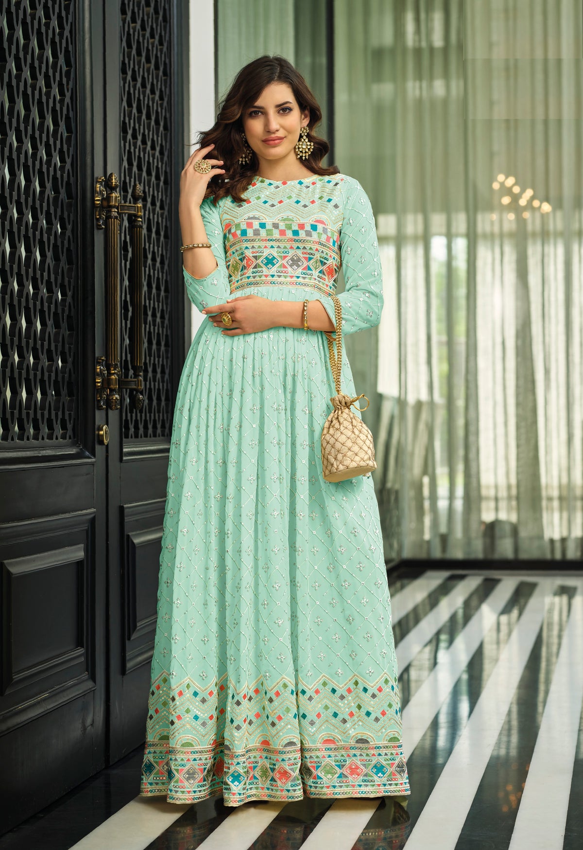 Pista Color Faux Georgette Heavy Embroidery Work Gown Anarkali Salwar Suit - Joshindia