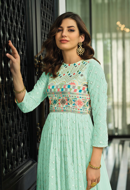 Pista Color Faux Georgette Heavy Embroidery Work Gown Anarkali Salwar Suit