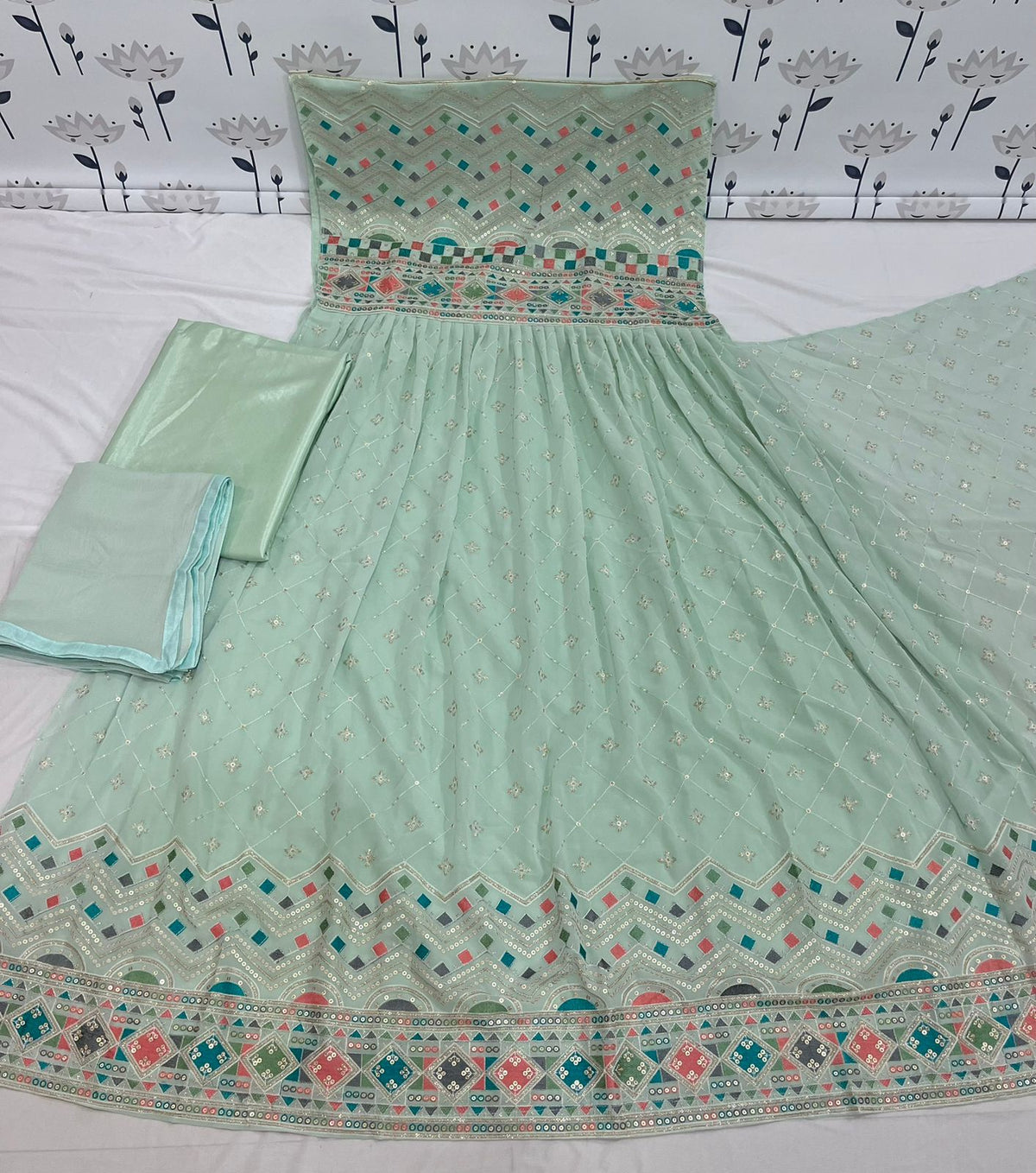 Pista Color Faux Georgette Heavy Embroidery Work Gown Anarkali Salwar Suit - Joshindia