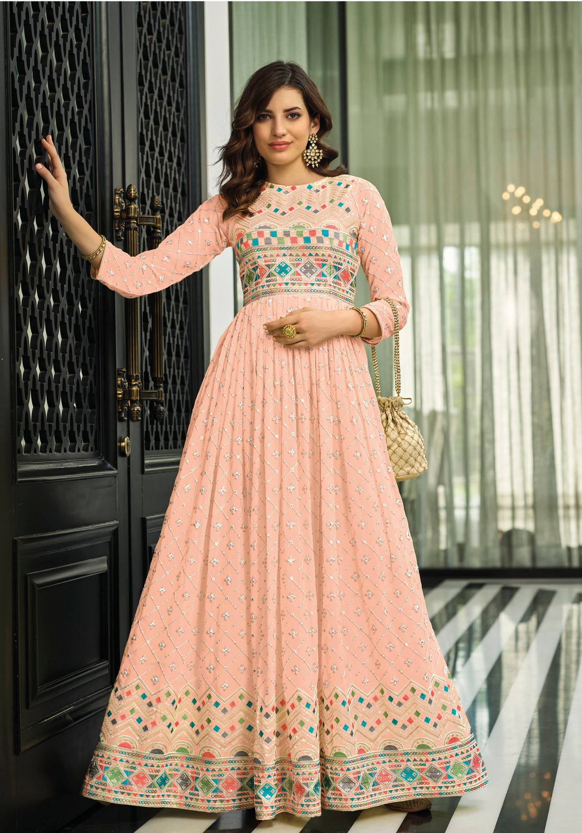 Peach Color Faux Georgette Heavy Embroidery Work Gown Anarkali Salwar Suit - Joshindia