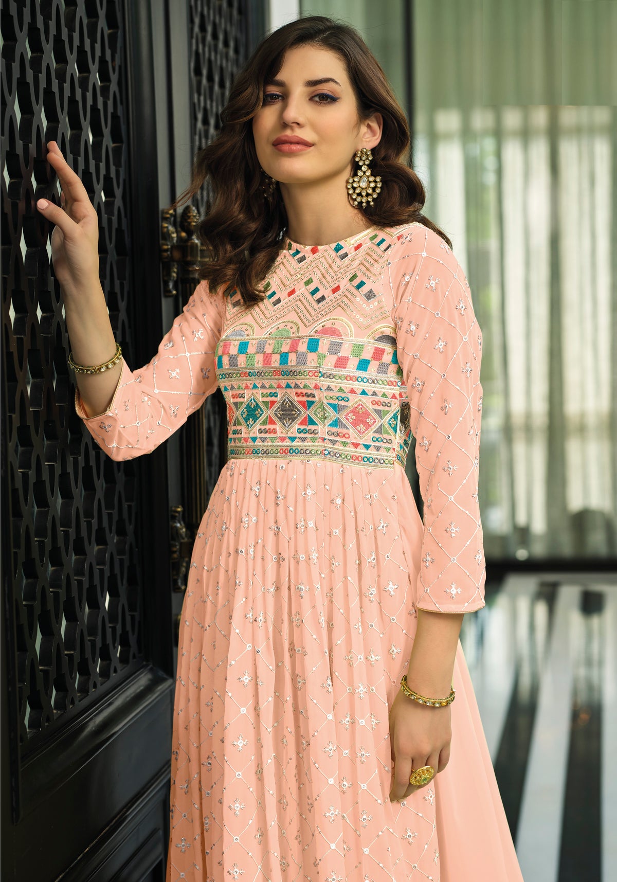 Peach Color Faux Georgette Heavy Embroidery Work Gown Anarkali Salwar Suit - Joshindia