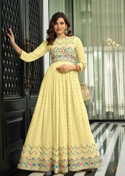 Yellow Color Faux Georgette Heavy Embroidery Work Gown Anarkali Salwar Suit
