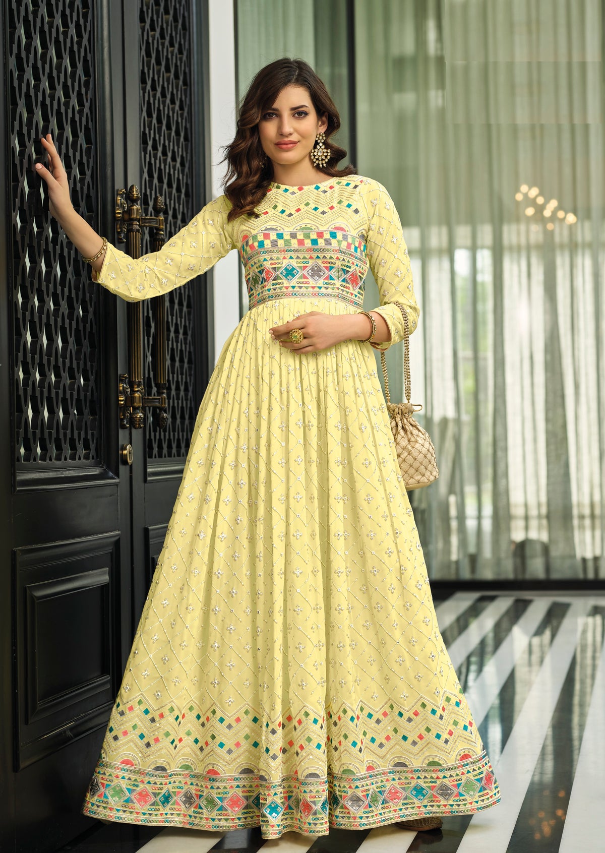 Yellow Color Faux Georgette Heavy Embroidery Work Gown Anarkali Salwar Suit - Joshindia