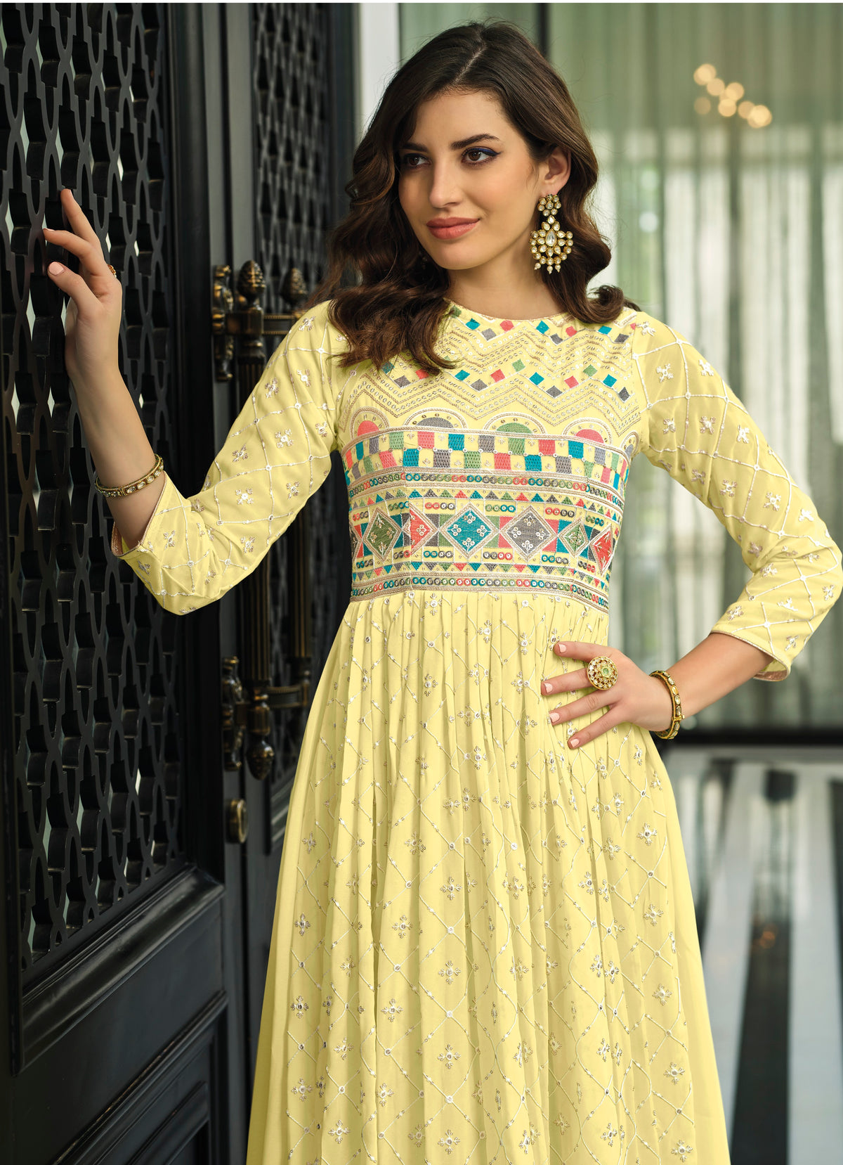 Yellow Color Faux Georgette Heavy Embroidery Work Gown Anarkali Salwar Suit - Joshindia